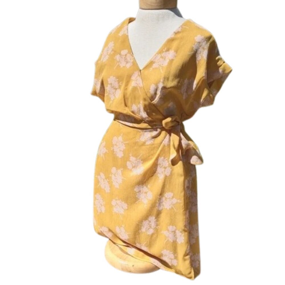 NWT Womens Size Large GILLI Mustard Yellow Faux Wrap Floral Mini Dress NEW